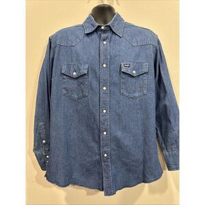 Vintage Mens Wrangler 17 1/2 x354Blue Pearl Snap denim Western Long Sleeve Shirt